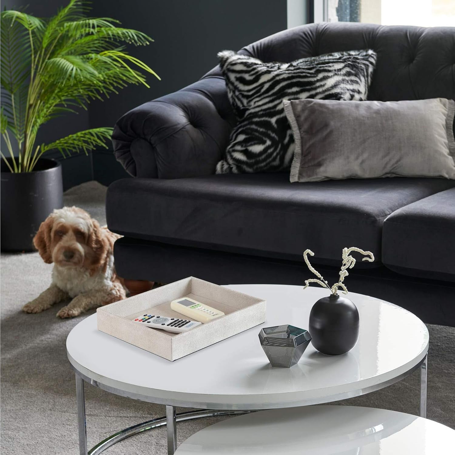 Elegant Desktop Organizer, Vanity Tray, Bathroom Storage Tray Holder, Dresser Jewelry Tray, Change Coin Key Watch Catchall Tray, 10.2 X 8.4 X 1.8 Inches (Light Grey Faux Leather Shagreen)