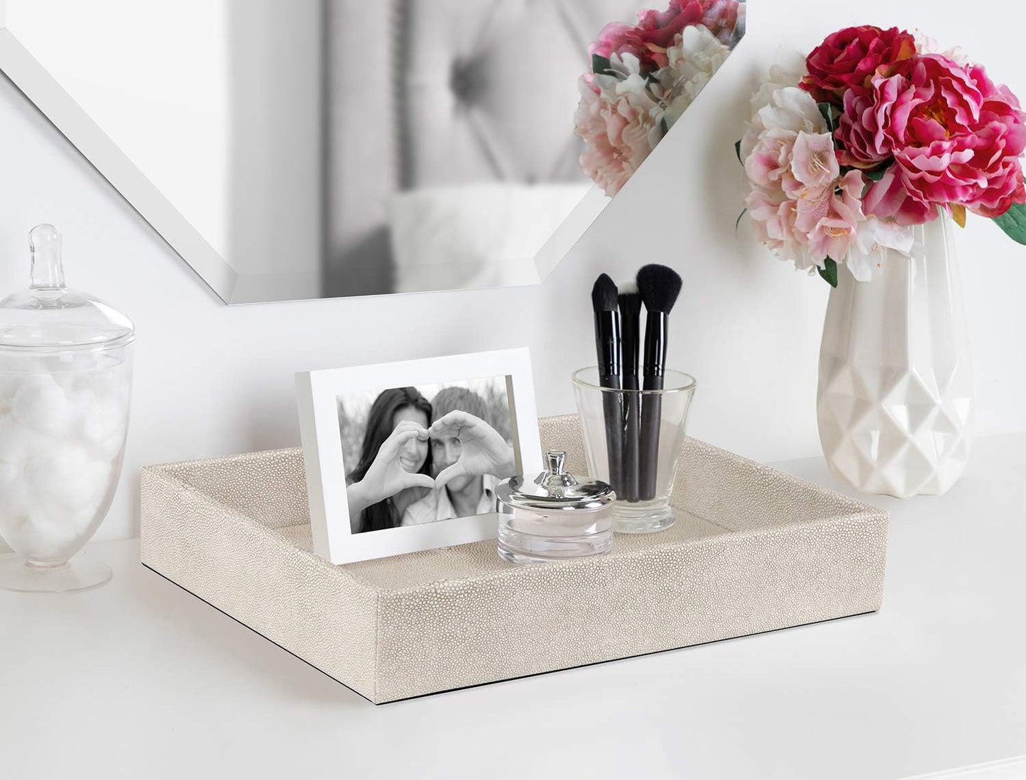 Elegant Desktop Organizer, Vanity Tray, Bathroom Storage Tray Holder, Dresser Jewelry Tray, Change Coin Key Watch Catchall Tray, 10.2 X 8.4 X 1.8 Inches (Light Grey Faux Leather Shagreen)