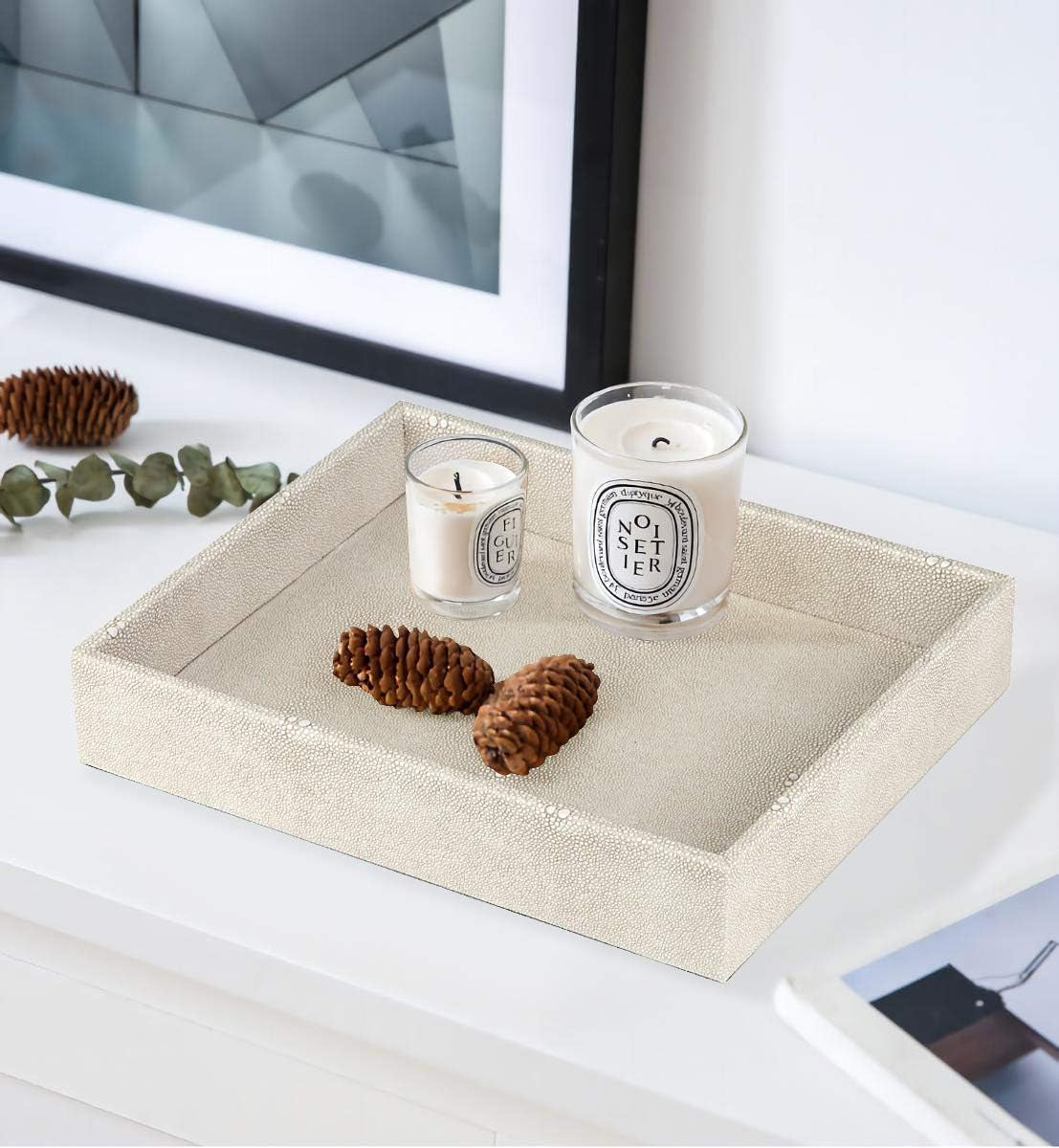 Elegant Desktop Organizer, Vanity Tray, Bathroom Storage Tray Holder, Dresser Jewelry Tray, Change Coin Key Watch Catchall Tray, 10.2 X 8.4 X 1.8 Inches (Light Grey Faux Leather Shagreen)