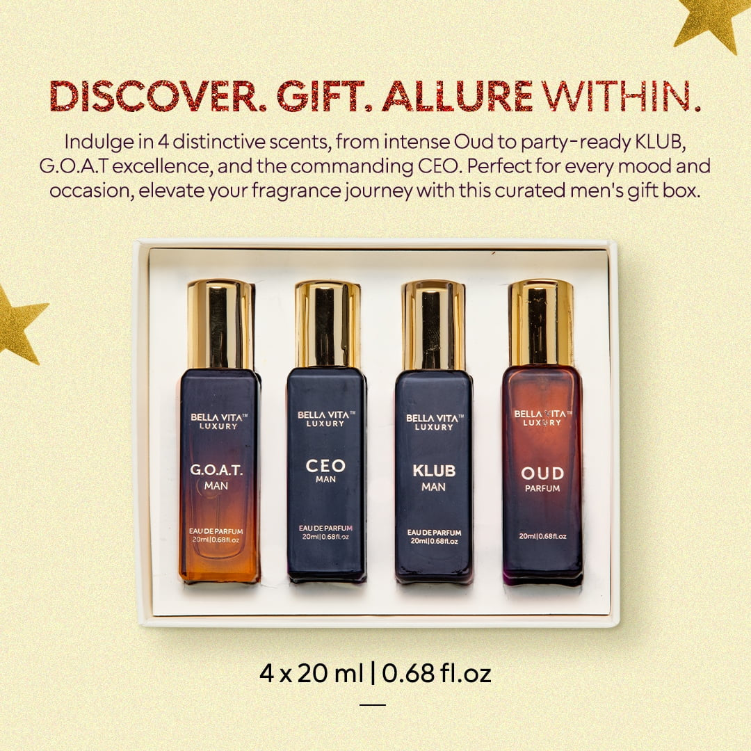 Bella Vita Organic Man Perfume Gift Set for Men, Luxury Scent with Long Lasting Fragrance, 4X20 Ml Perfumes