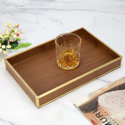 Perfume Trays for Dresser,12" Leather Valet Tray for Men Women,Small Vanity Tray Gold,Nightstand Tray Decorative-Wood Brown
