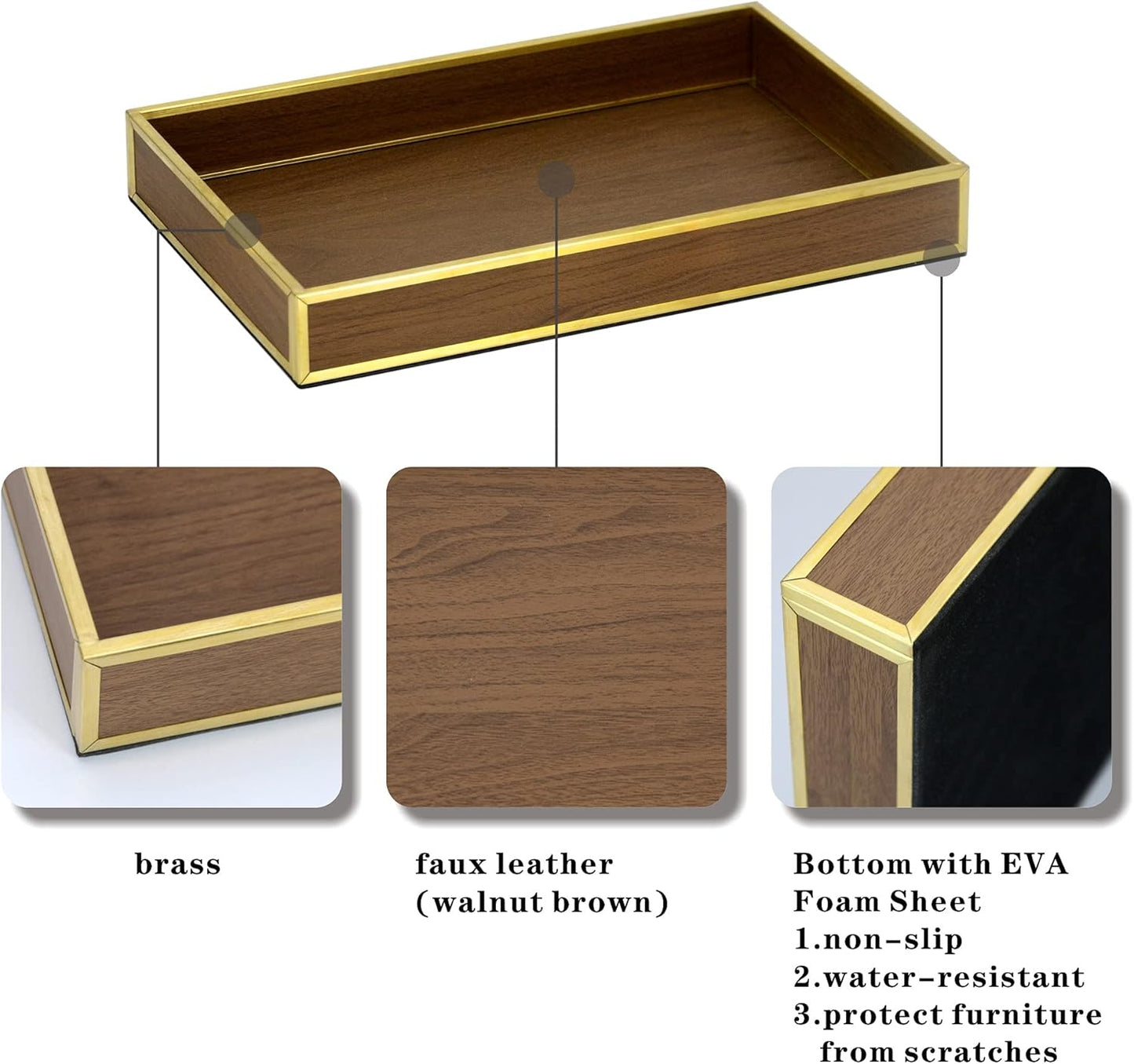 Perfume Trays for Dresser,12" Leather Valet Tray for Men Women,Small Vanity Tray Gold,Nightstand Tray Decorative-Wood Brown