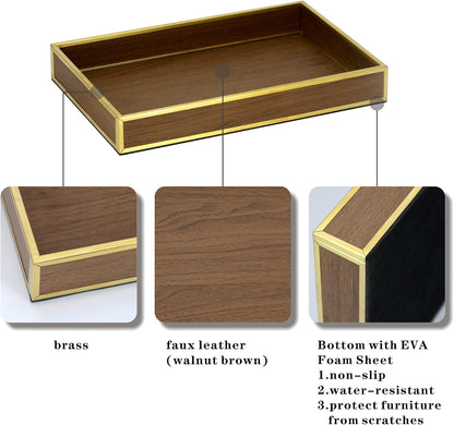 Perfume Trays for Dresser,12" Leather Valet Tray for Men Women,Small Vanity Tray Gold,Nightstand Tray Decorative-Wood Brown