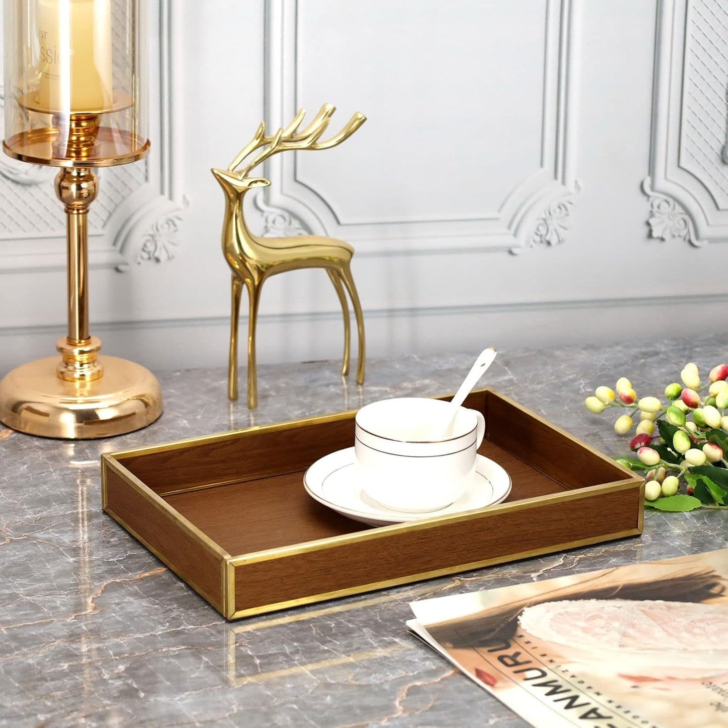 Perfume Trays for Dresser,12" Leather Valet Tray for Men Women,Small Vanity Tray Gold,Nightstand Tray Decorative-Wood Brown