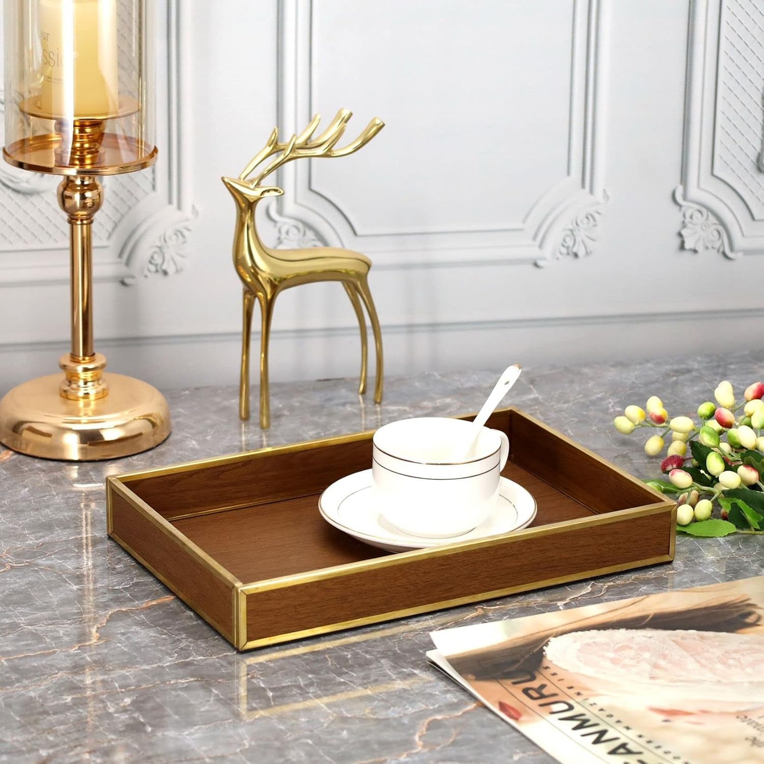 Perfume Trays for Dresser,12" Leather Valet Tray for Men Women,Small Vanity Tray Gold,Nightstand Tray Decorative-Wood Brown