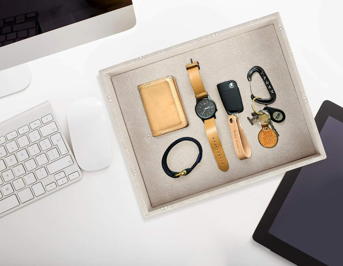 Elegant Desktop Organizer, Vanity Tray, Bathroom Storage Tray Holder, Dresser Jewelry Tray, Change Coin Key Watch Catchall Tray, 10.2 X 8.4 X 1.8 Inches (Light Grey Faux Leather Shagreen)