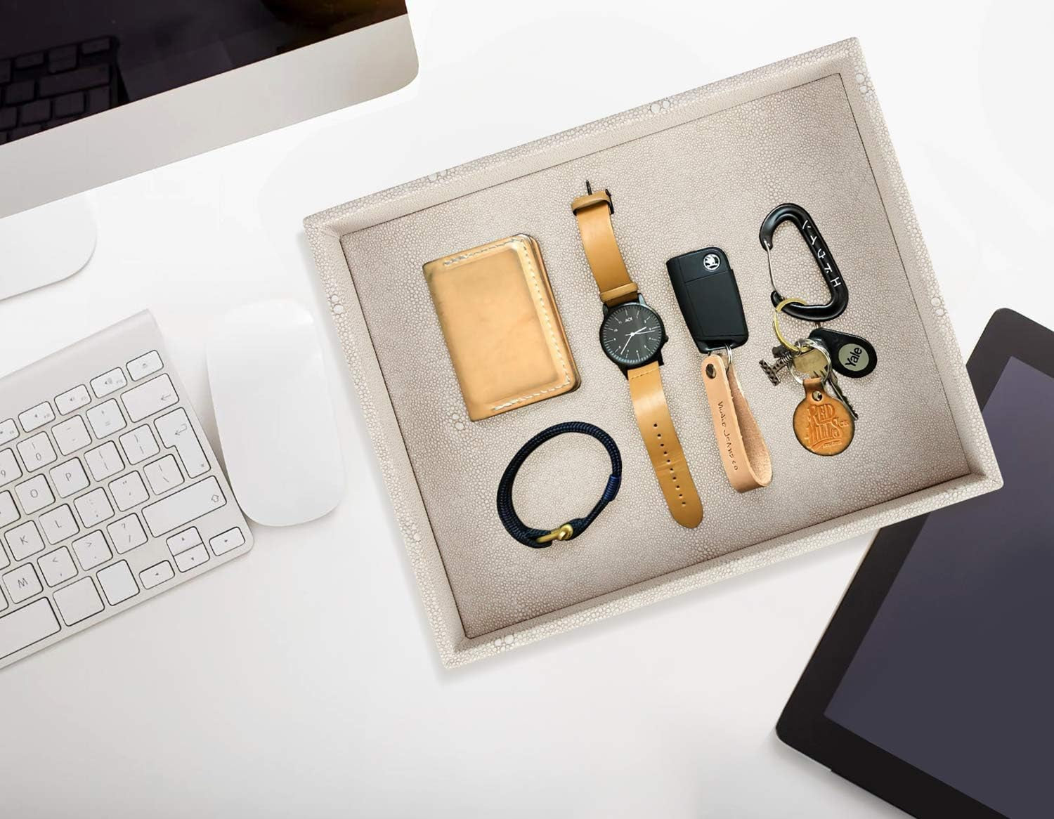 Elegant Desktop Organizer, Vanity Tray, Bathroom Storage Tray Holder, Dresser Jewelry Tray, Change Coin Key Watch Catchall Tray, 10.2 X 8.4 X 1.8 Inches (Light Grey Faux Leather Shagreen)