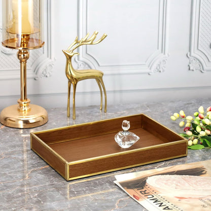 Perfume Trays for Dresser,12" Leather Valet Tray for Men Women,Small Vanity Tray Gold,Nightstand Tray Decorative-Wood Brown