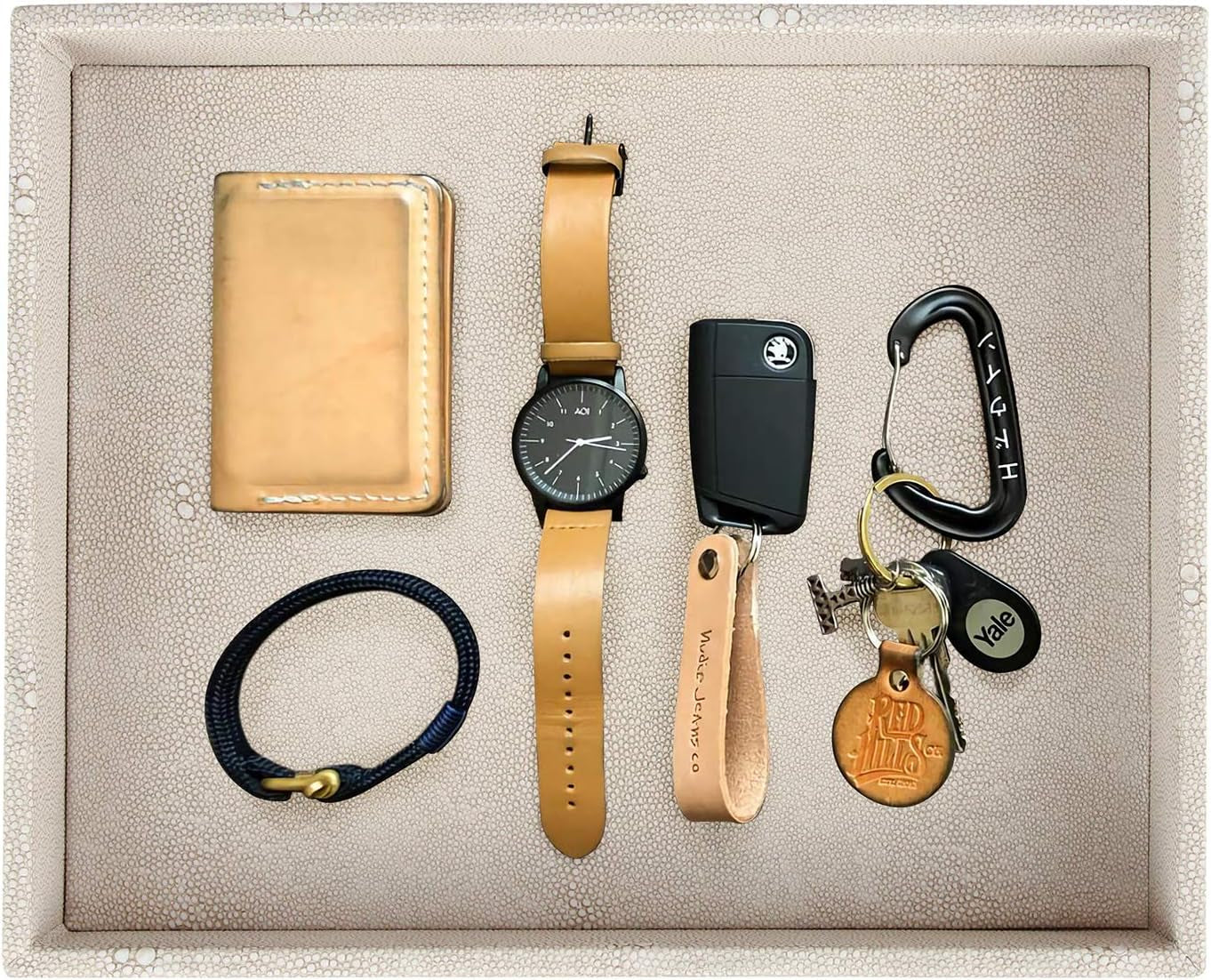 Elegant Desktop Organizer, Vanity Tray, Bathroom Storage Tray Holder, Dresser Jewelry Tray, Change Coin Key Watch Catchall Tray, 10.2 X 8.4 X 1.8 Inches (Light Grey Faux Leather Shagreen)