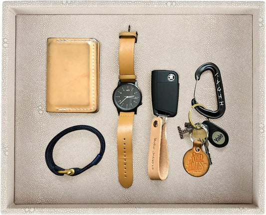 Elegant Desktop Organizer, Vanity Tray, Bathroom Storage Tray Holder, Dresser Jewelry Tray, Change Coin Key Watch Catchall Tray, 10.2 X 8.4 X 1.8 Inches (Light Grey Faux Leather Shagreen)